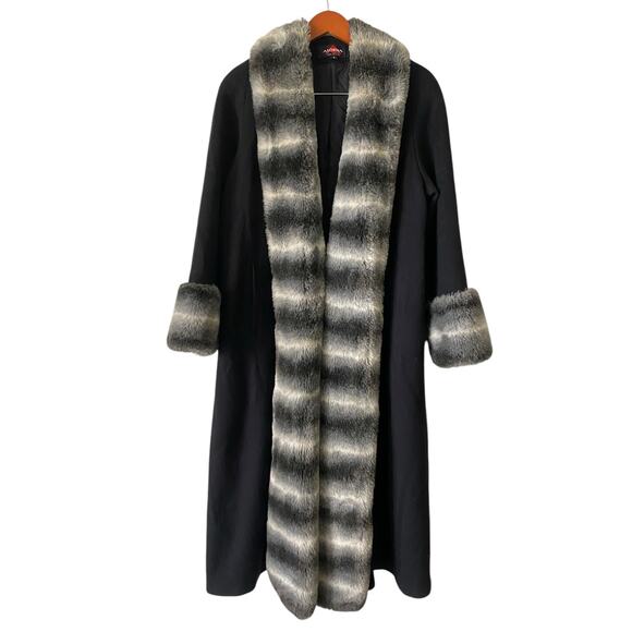 Vintage Penny Lane Long Wool Trench Coat US 6 Black Faux Fur Winter Made in USA - Picture 2 of 12